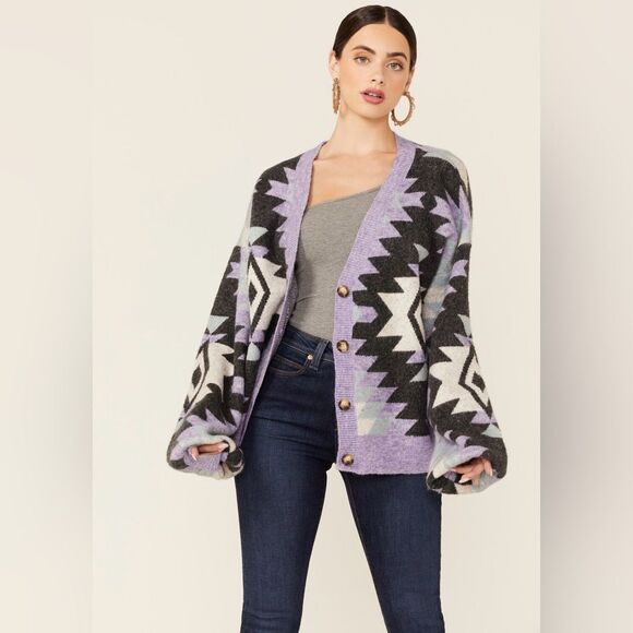 Hyfve Women’s Long Sleeve Lavender Geometric Button Cardigan Oversized sz S - Picture 1 of 15